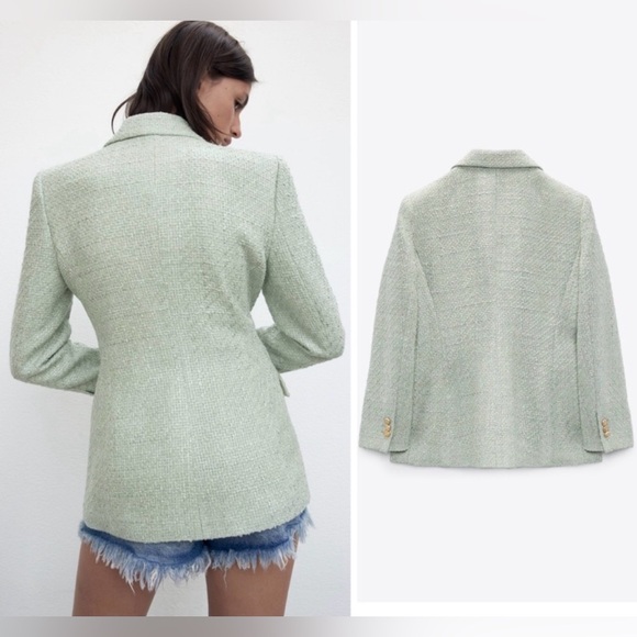 Zara Women's Light Green Tweed Blazer - Picture 3 of 5